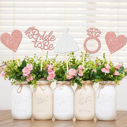 12 PCS Bride to Be Centerpiece Sticks Double Sided Glitter Heart Ring Dress Bridal Shower Table Flower Centerpieces for Wedding Engagement Bachelorette Party Flower Decorations Supplies Rose Gold