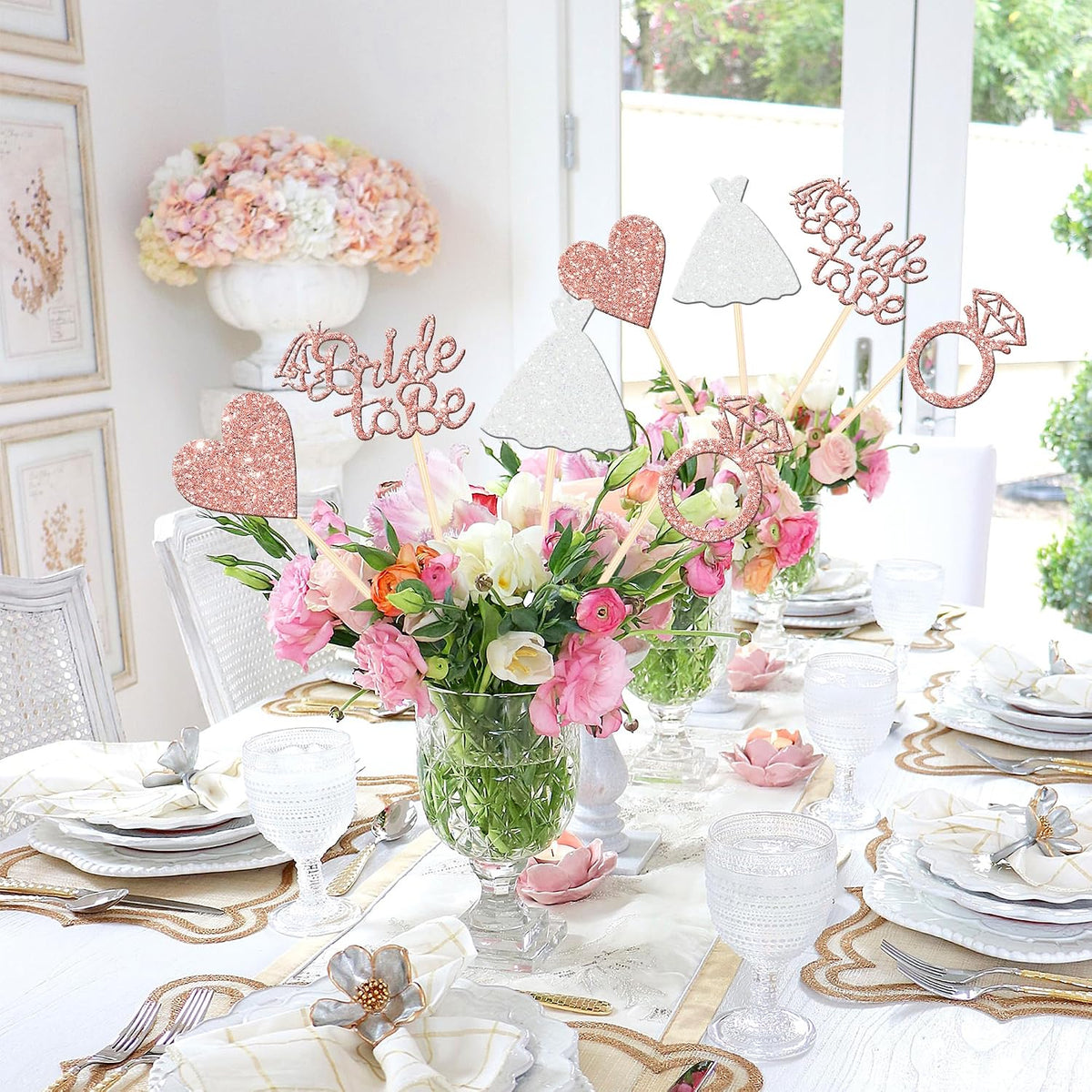 12 PCS Bride to Be Centerpiece Sticks Double Sided Glitter Heart Ring Dress Bridal Shower Table Flower Centerpieces for Wedding Engagement Bachelorette Party Flower Decorations Supplies Rose Gold