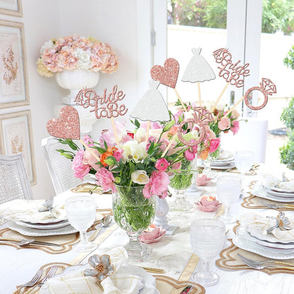 12 PCS Bride to Be Centerpiece Sticks Double Sided Glitter Heart Ring Dress Bridal Shower Table Flower Centerpieces for Wedding Engagement Bachelorette Party Flower Decorations Supplies Rose Gold