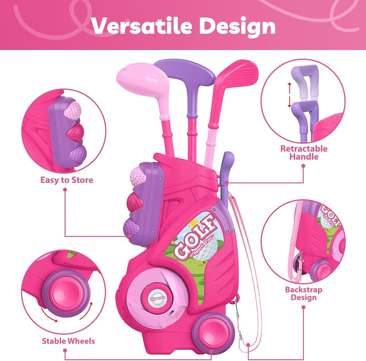Toddler Golf Clubs Set Toy for Kids Ages 1 2 3 4 with Mat, Pink