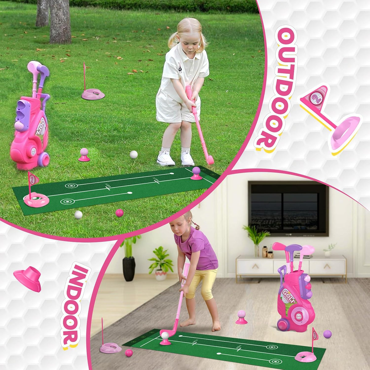 Toddler Golf Clubs Set Toy for Kids Ages 1 2 3 4 with Mat, Pink