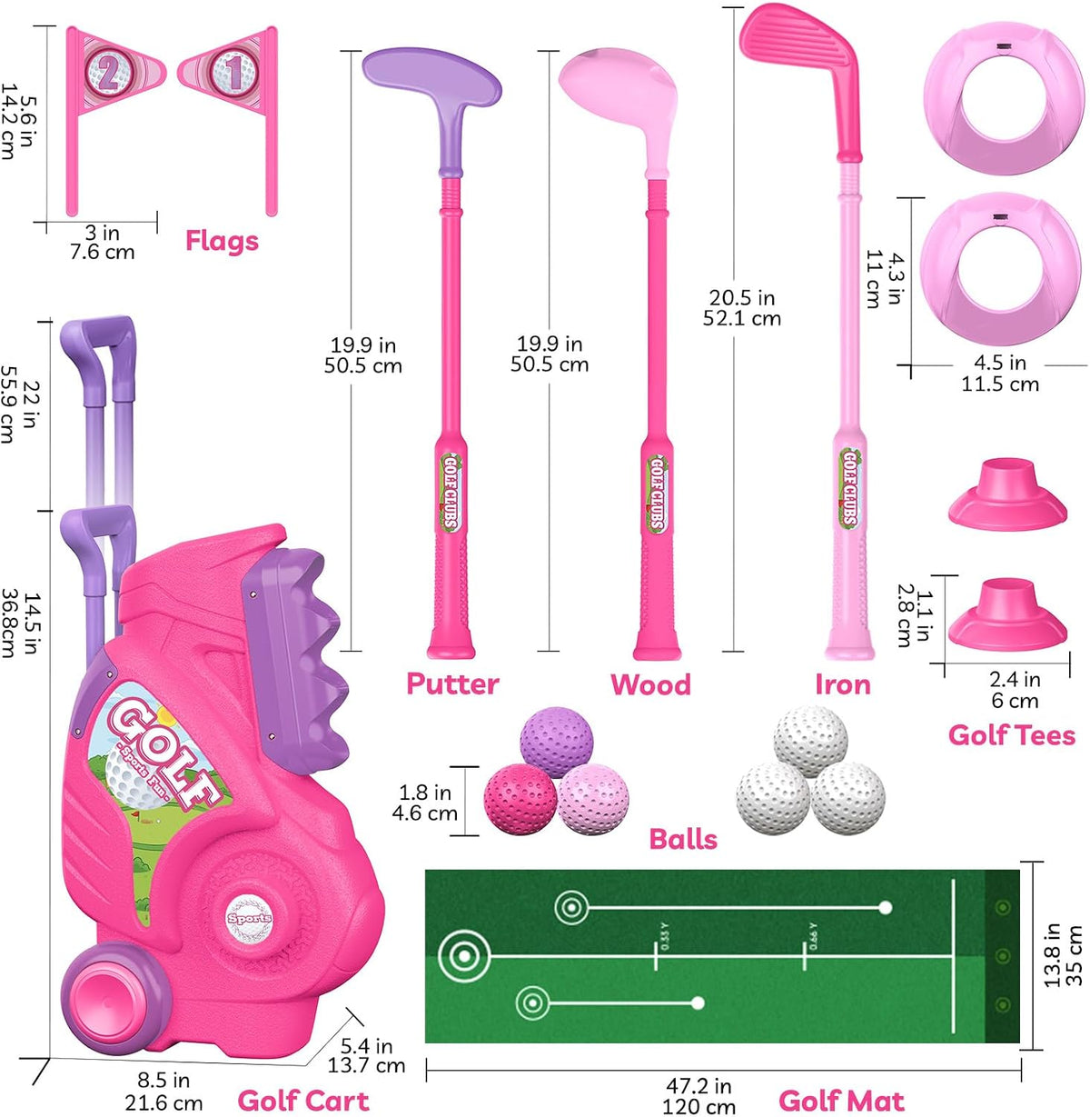 Toddler Golf Clubs Set Toy for Kids Ages 1 2 3 4 with Mat, Pink