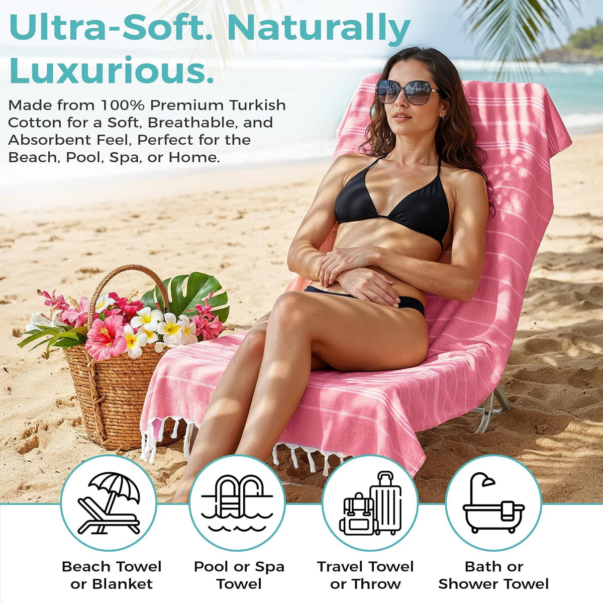 Turkish Beach Towel with Hidden Zipper Pocket 100% Cotton Oversized 72 x 37 Inches Quick Dry Sand Free Lightweight Compact for Beach, Pool, Travel, Bath, and Yoga (Light Pink)