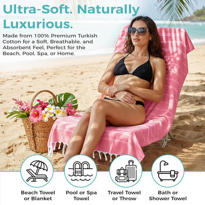 Turkish Beach Towel with Hidden Zipper Pocket 100% Cotton Oversized 72 x 37 Inches Quick Dry Sand Free Lightweight Compact for Beach, Pool, Travel, Bath, and Yoga (Light Pink)