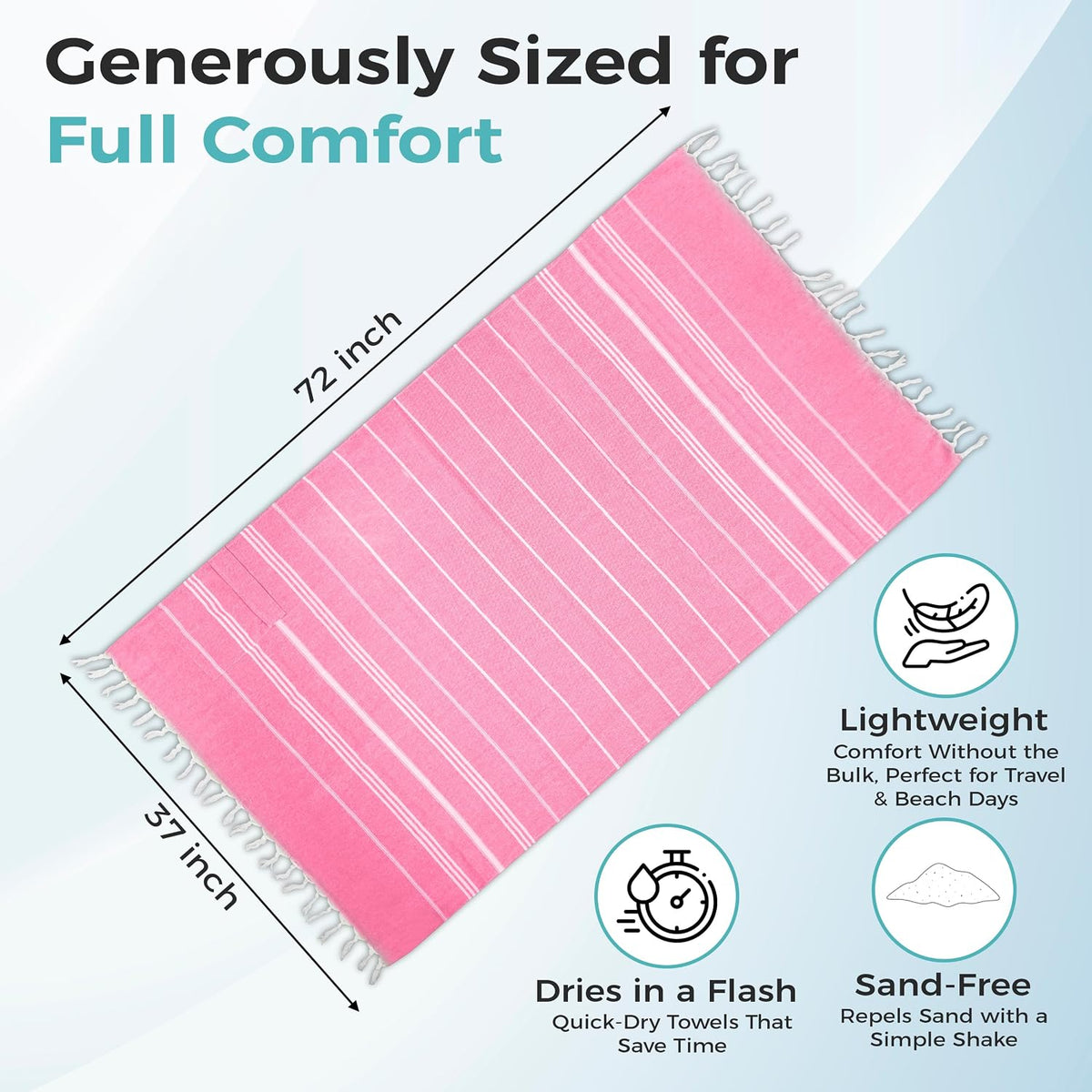 Turkish Beach Towel with Hidden Zipper Pocket 100% Cotton Oversized 72 x 37 Inches Quick Dry Sand Free Lightweight Compact for Beach, Pool, Travel, Bath, and Yoga (Light Pink)