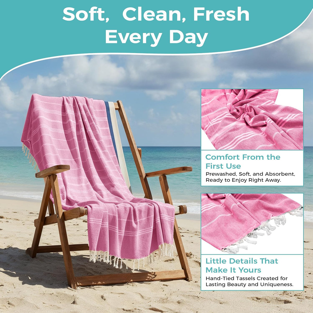 Turkish Beach Towel with Hidden Zipper Pocket 100% Cotton Oversized 72 x 37 Inches Quick Dry Sand Free Lightweight Compact for Beach, Pool, Travel, Bath, and Yoga (Light Pink)