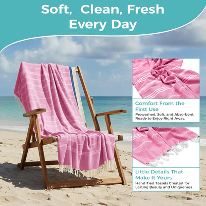 Turkish Beach Towel with Hidden Zipper Pocket 100% Cotton Oversized 72 x 37 Inches Quick Dry Sand Free Lightweight Compact for Beach, Pool, Travel, Bath, and Yoga (Light Pink)