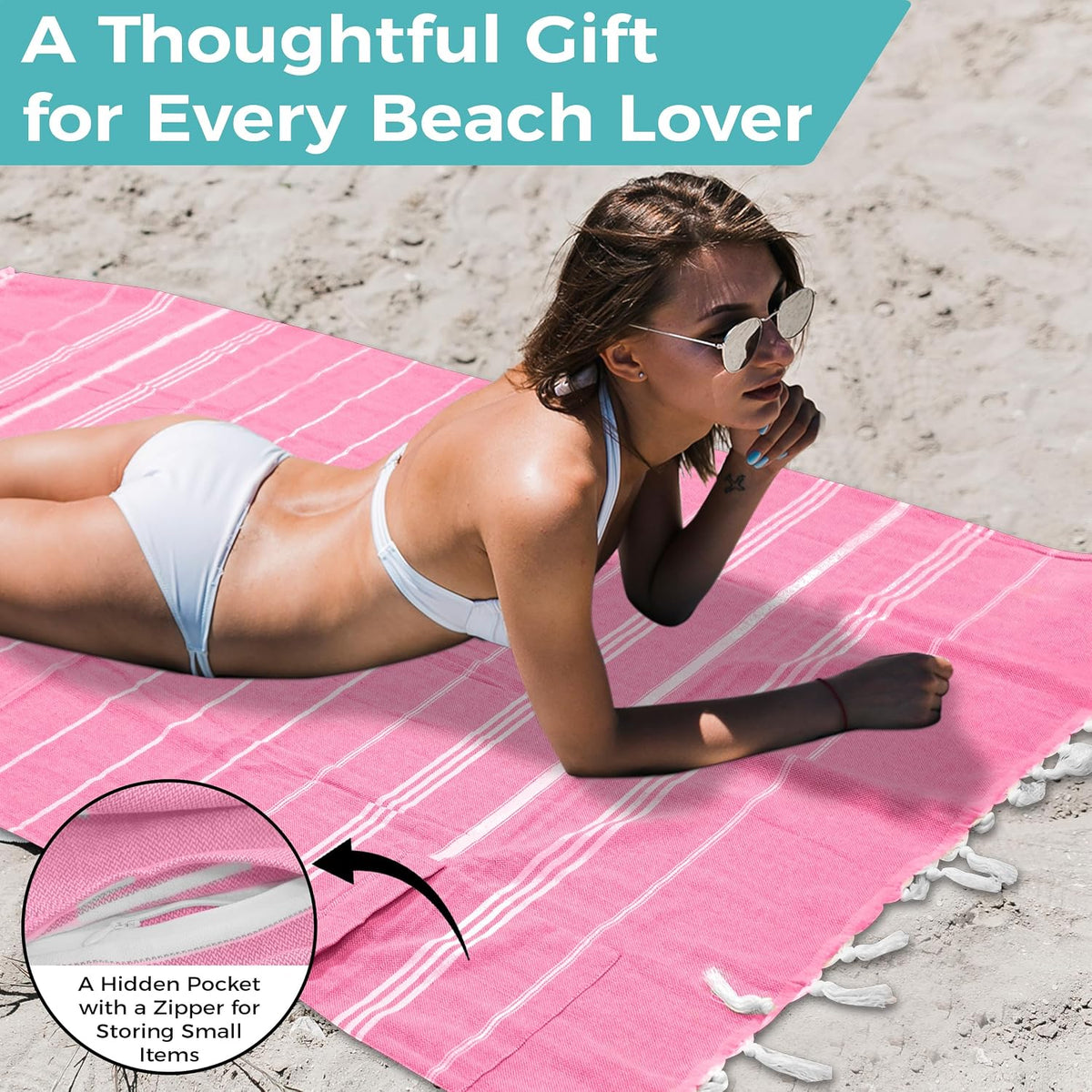 Turkish Beach Towel with Hidden Zipper Pocket 100% Cotton Oversized 72 x 37 Inches Quick Dry Sand Free Lightweight Compact for Beach, Pool, Travel, Bath, and Yoga (Light Pink)