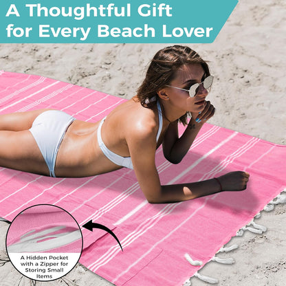 Turkish Beach Towel with Hidden Zipper Pocket 100% Cotton Oversized 72 x 37 Inches Quick Dry Sand Free Lightweight Compact for Beach, Pool, Travel, Bath, and Yoga (Light Pink)