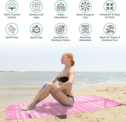 Turkish Beach Towel with Hidden Zipper Pocket 100% Cotton Oversized 72 x 37 Inches Quick Dry Sand Free Lightweight Compact for Beach, Pool, Travel, Bath, and Yoga (Light Pink)