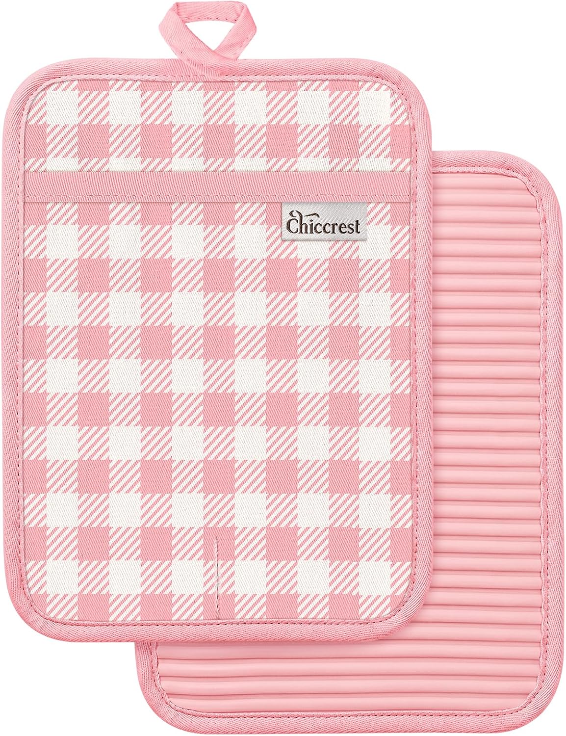 100% Thick Cotton Pot Holders Ribbed Soft Silicone Pink Gingham
