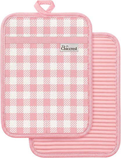 100% Thick Cotton Pot Holders Ribbed Soft Silicone Pink Gingham