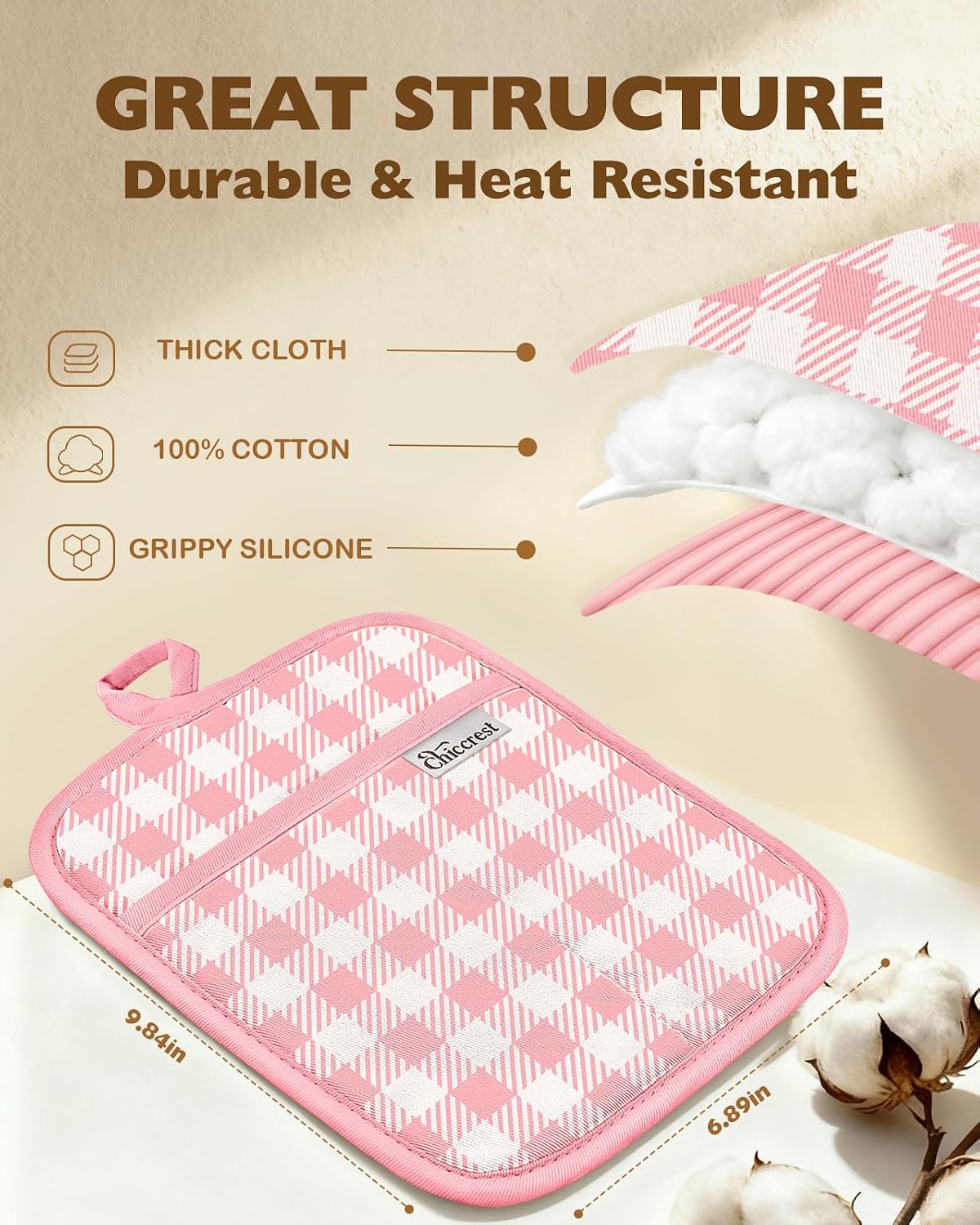 100% Thick Cotton Pot Holders Ribbed Soft Silicone Pink Gingham