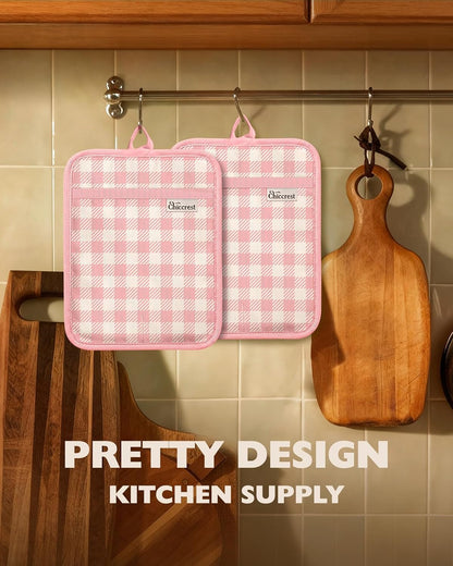 100% Thick Cotton Pot Holders Ribbed Soft Silicone Pink Gingham