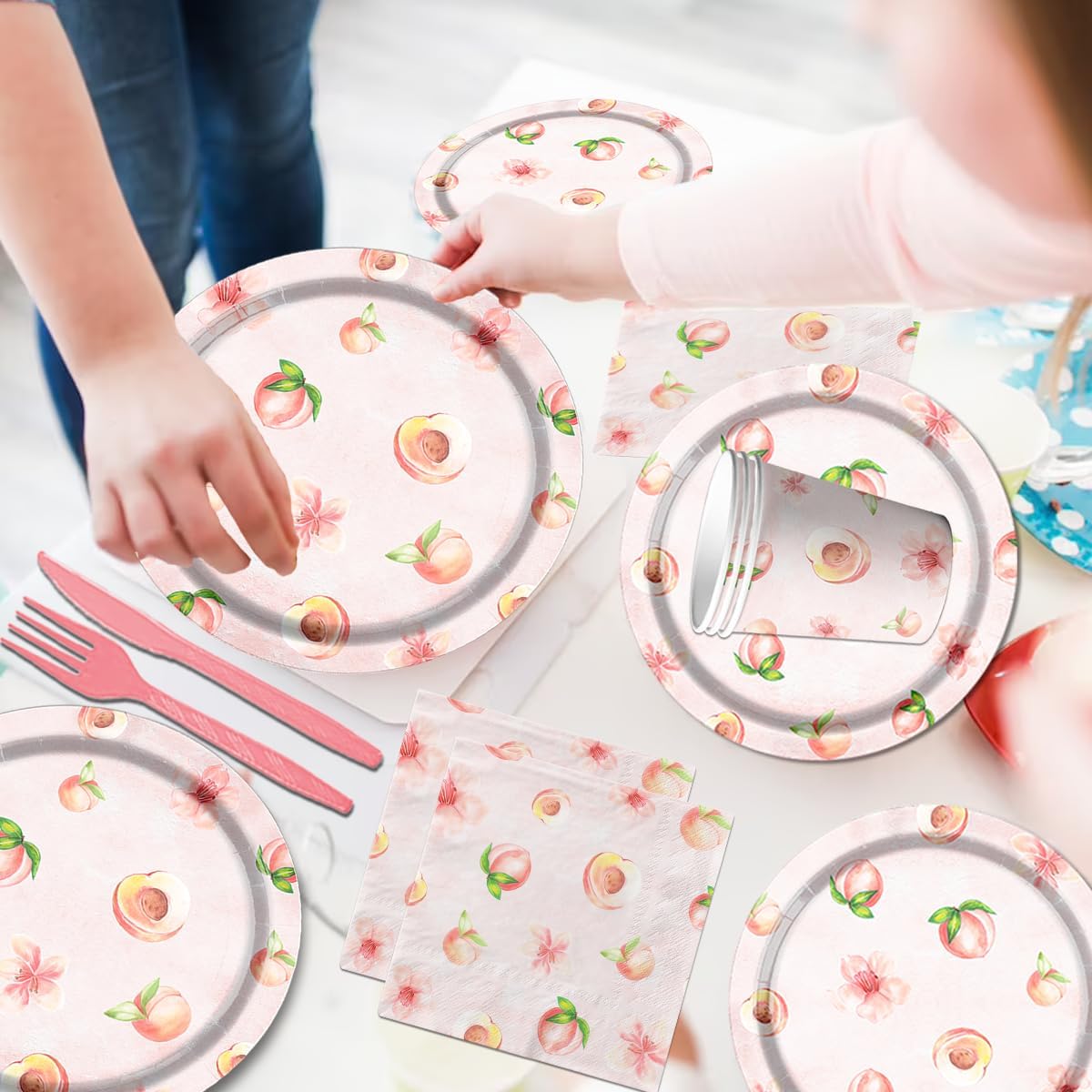 Peach Fruit Birthday Party Supplies,142pcs Sweet As A Peach Birthday Theme Tableware Set Include Peach Plates and Napkins Peach Party Plates for Peach Theme Girl Birthday Peach Baby Shower Decoration