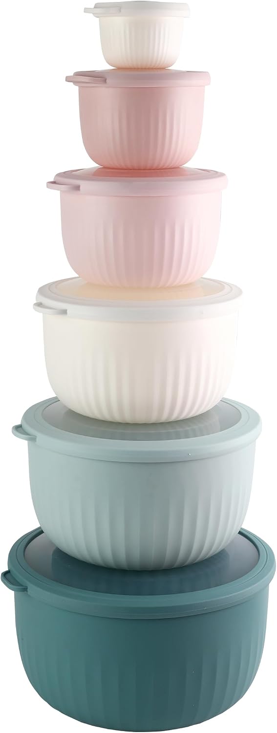 Prep Bowls with Lids- Wide and Deep Nesting Plastic Small Mixing Bowl Set with Lids, 12 Piece Set - Deep Bowls, Teal and Pink