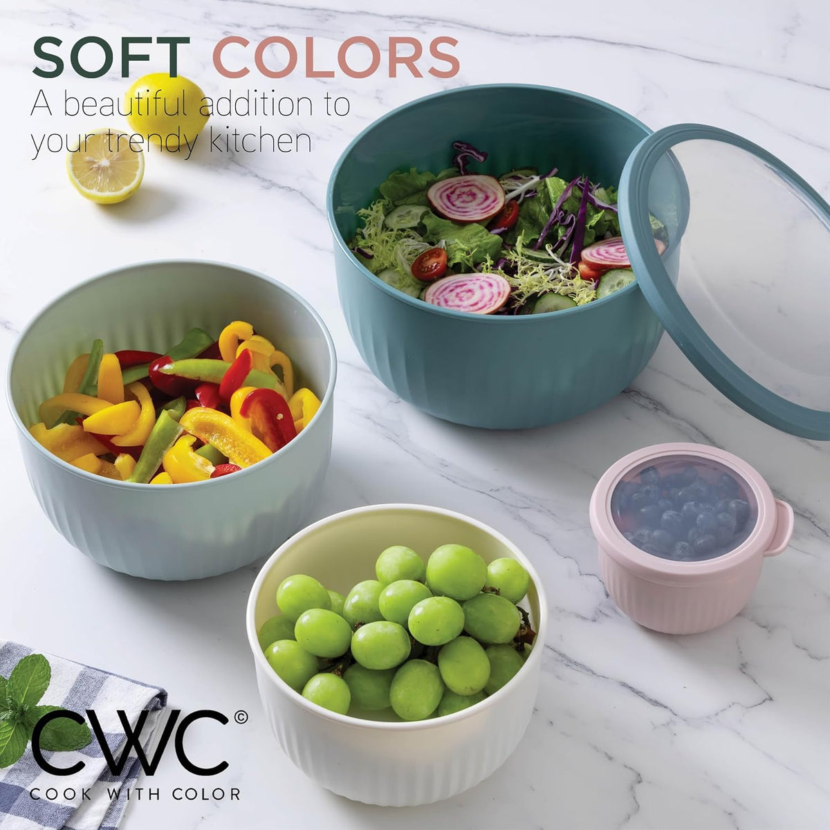 Prep Bowls with Lids- Wide and Deep Nesting Plastic Small Mixing Bowl Set with Lids, 12 Piece Set - Deep Bowls, Teal and Pink
