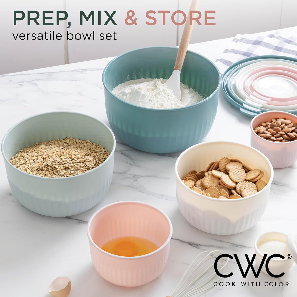 Prep Bowls with Lids- Wide and Deep Nesting Plastic Small Mixing Bowl Set with Lids, 12 Piece Set - Deep Bowls, Teal and Pink