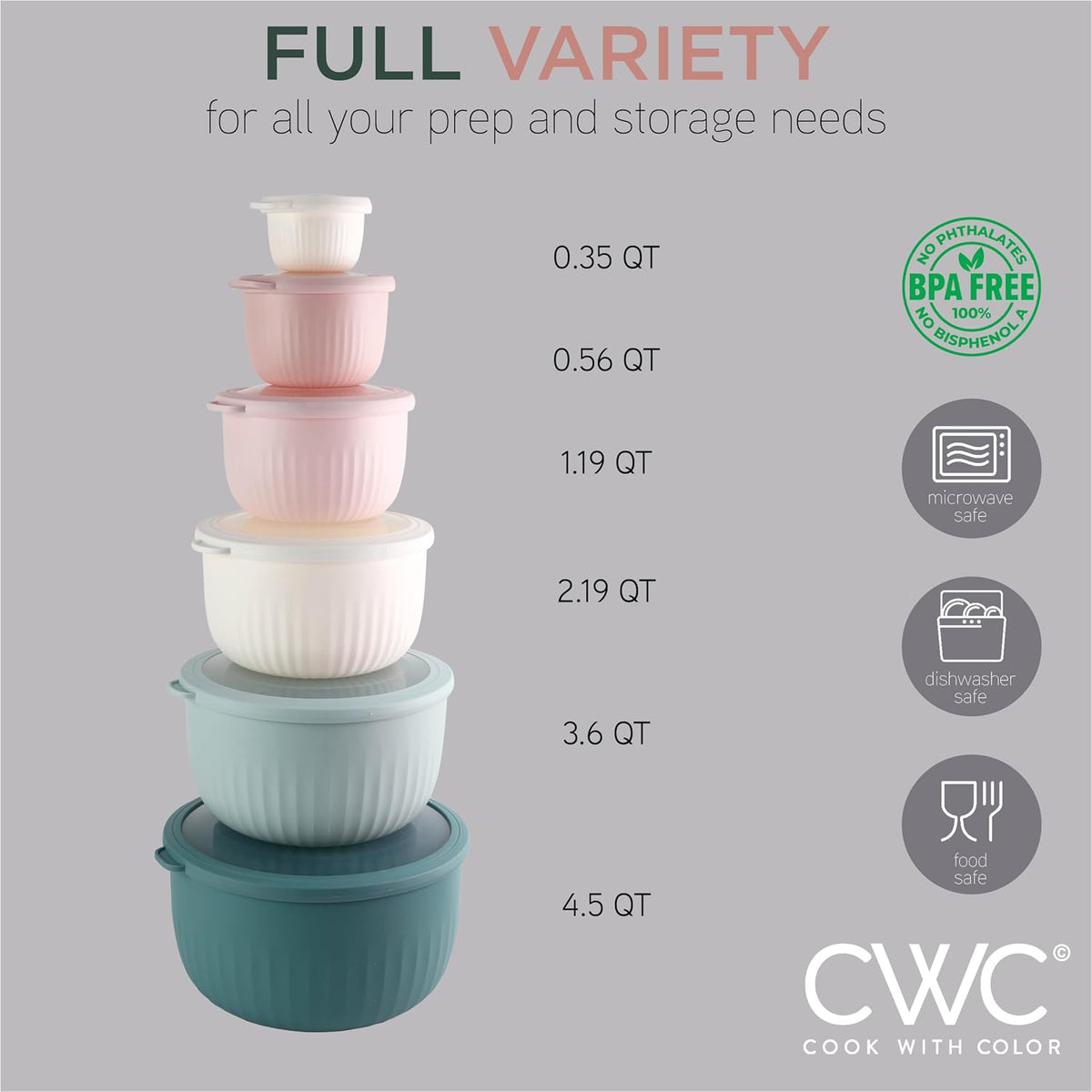 Prep Bowls with Lids- Wide and Deep Nesting Plastic Small Mixing Bowl Set with Lids, 12 Piece Set - Deep Bowls, Teal and Pink