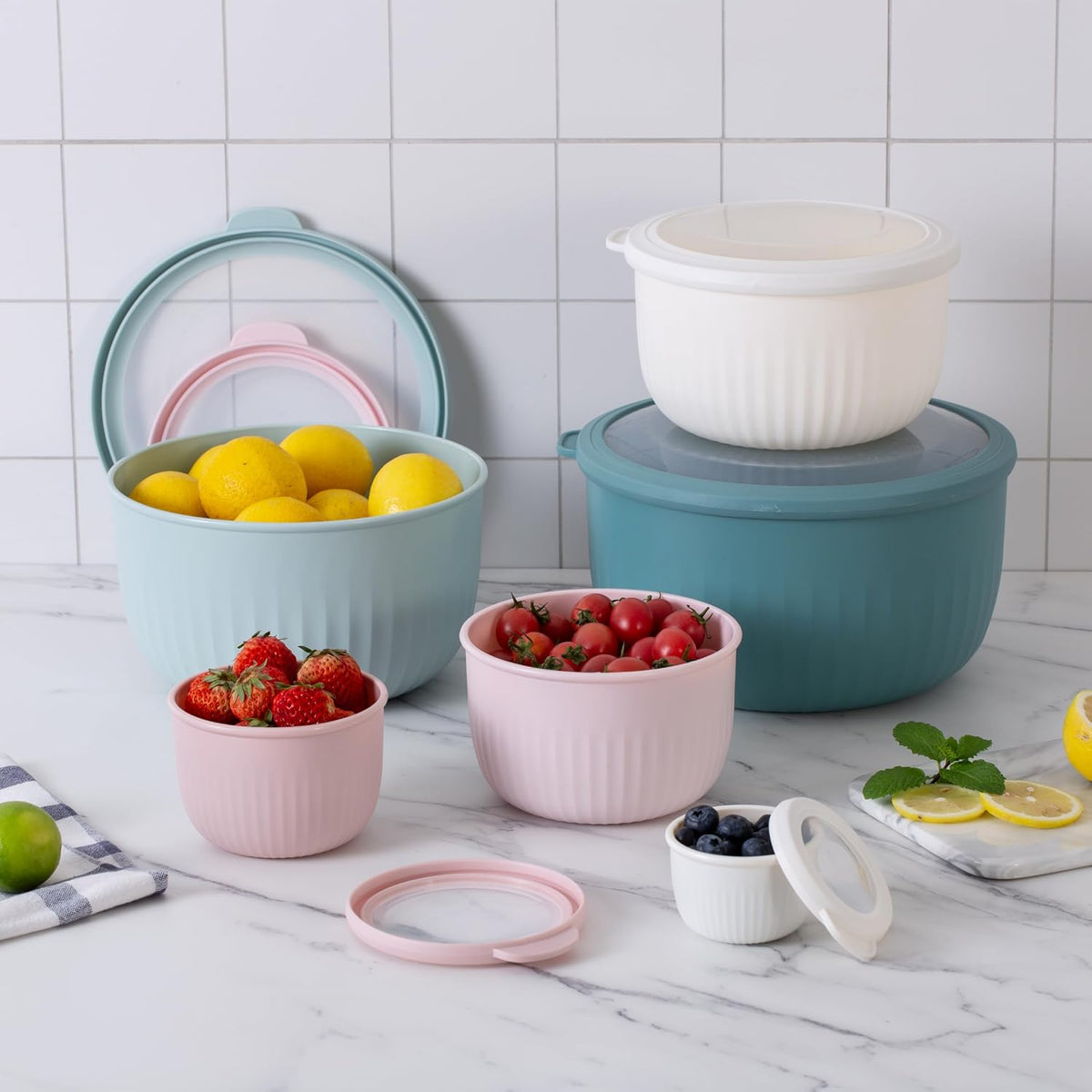 Prep Bowls with Lids- Wide and Deep Nesting Plastic Small Mixing Bowl Set with Lids, 12 Piece Set - Deep Bowls, Teal and Pink