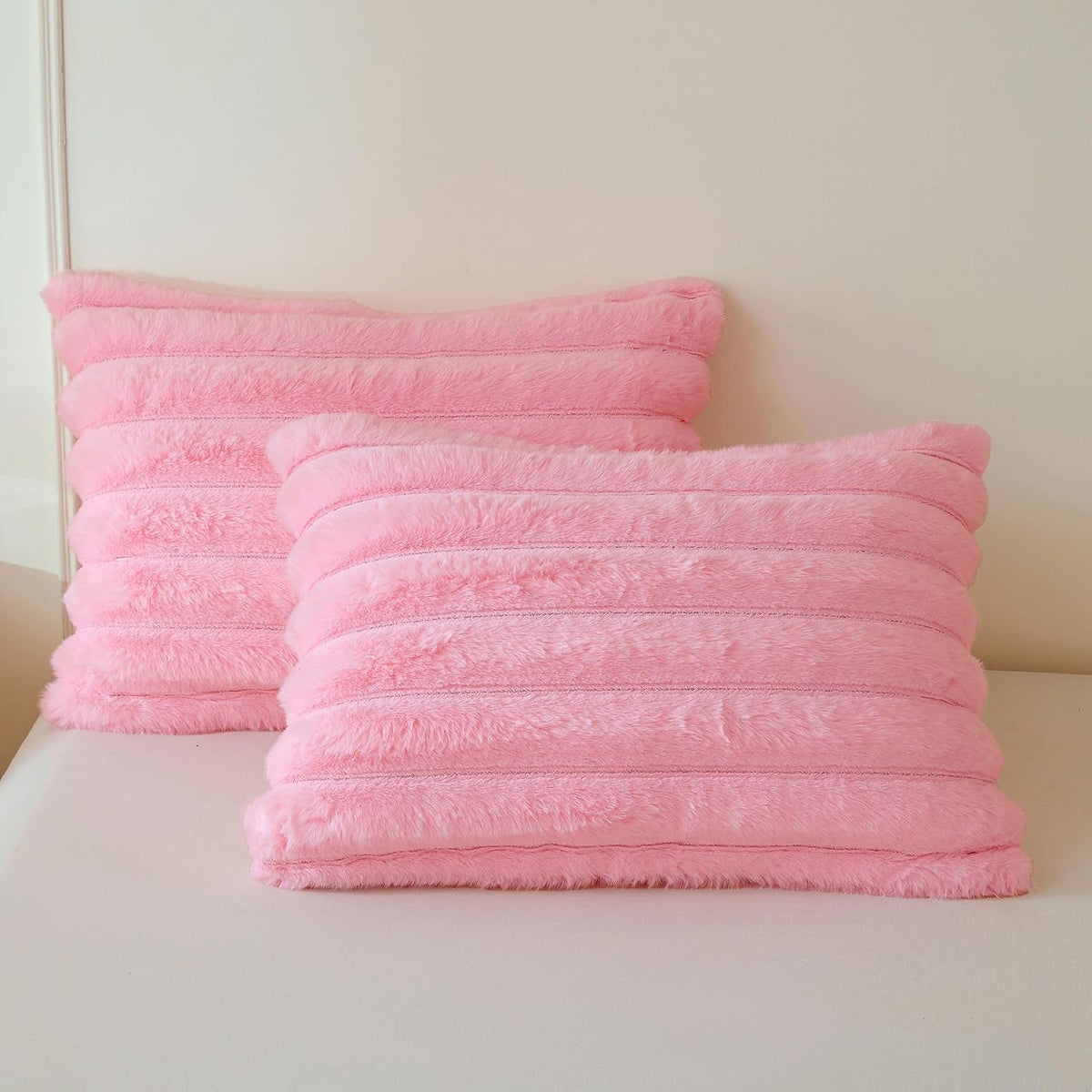Fluffy Ribbed Faux Rabbit Fur Standard Pillow Cases Set of 2, Pink