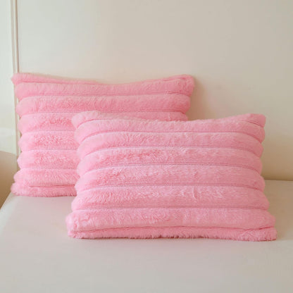 Fluffy Ribbed Faux Rabbit Fur Standard Pillow Cases Set of 2, Pink
