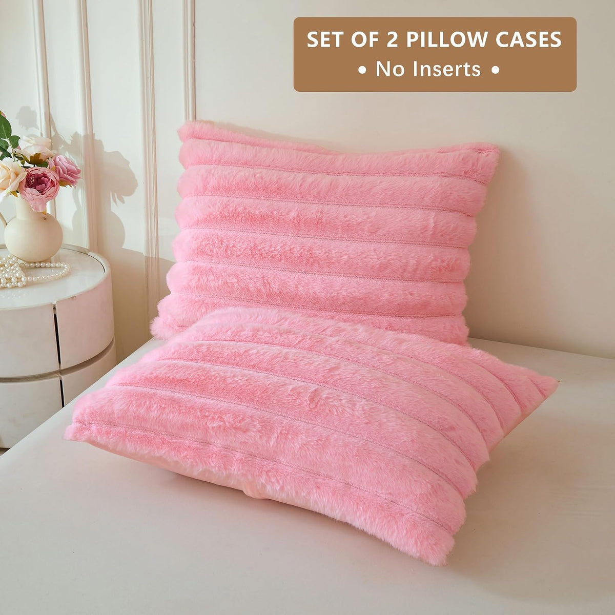 Fluffy Ribbed Faux Rabbit Fur Standard Pillow Cases Set of 2, Pink