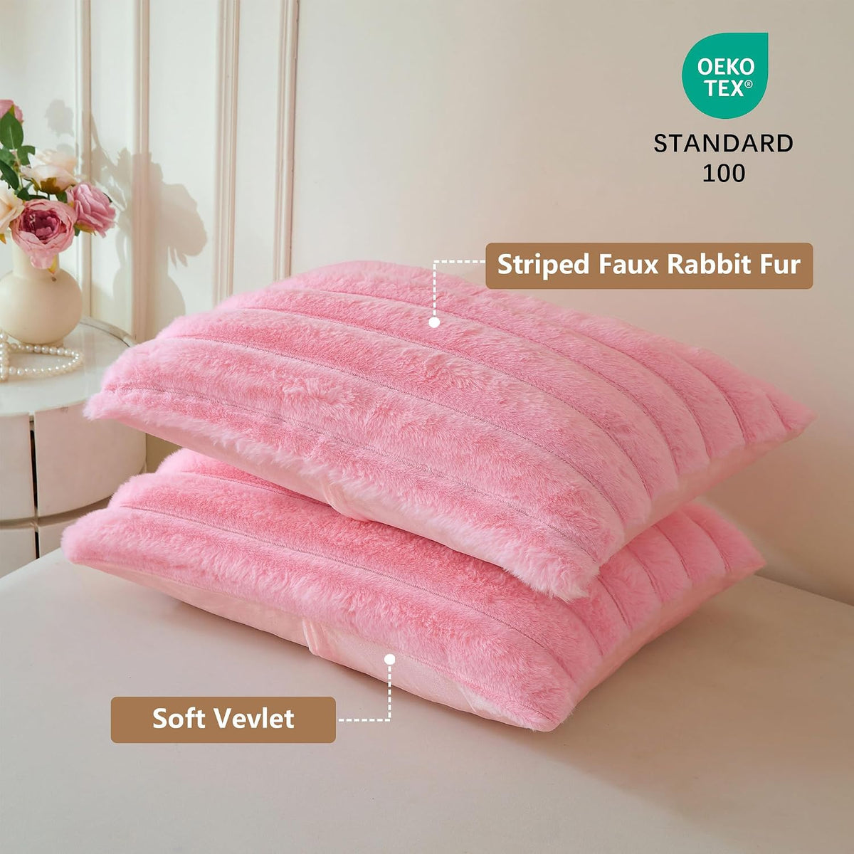 Fluffy Ribbed Faux Rabbit Fur Standard Pillow Cases Set of 2, Pink