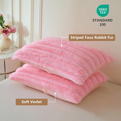 Fluffy Ribbed Faux Rabbit Fur Standard Pillow Cases Set of 2, Pink
