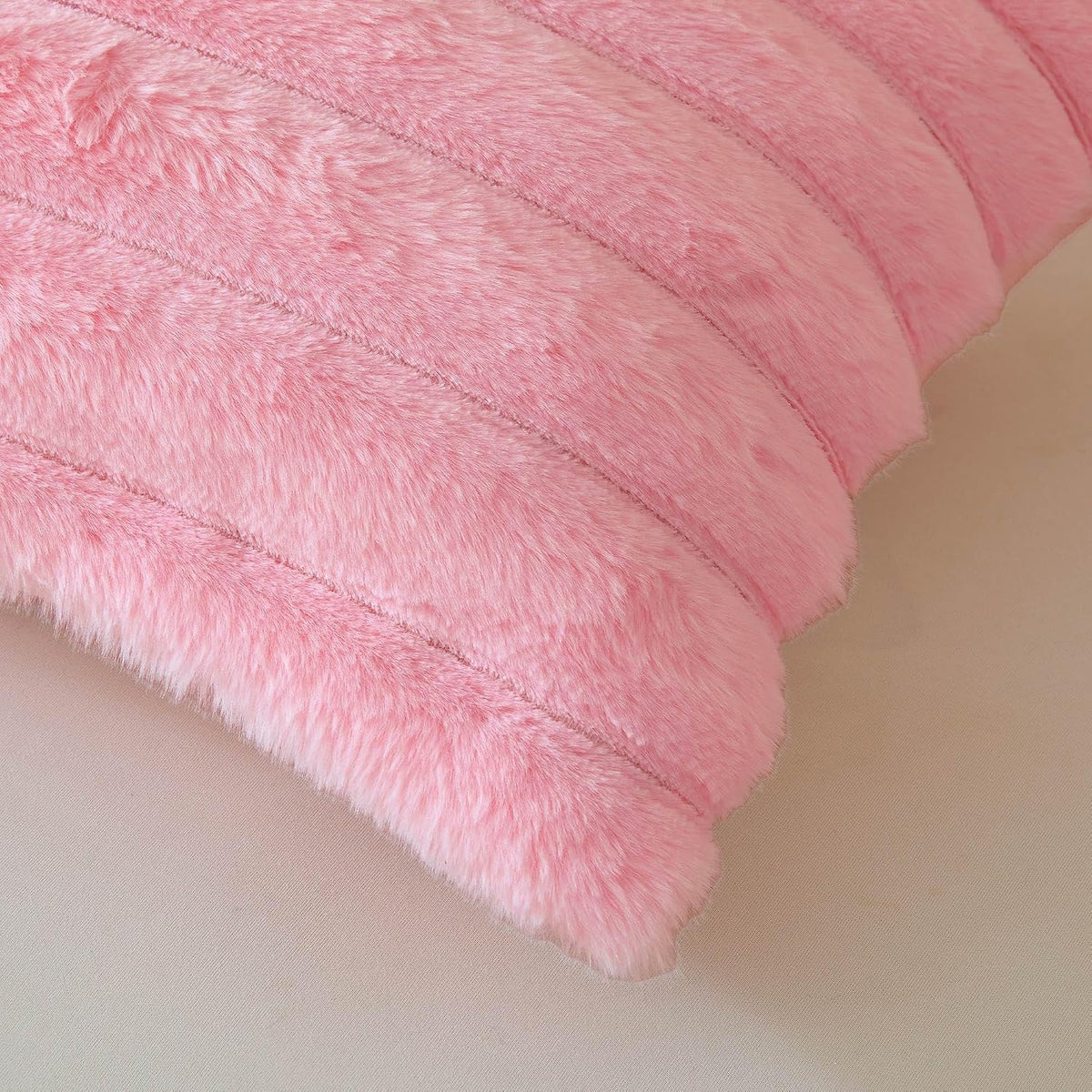 Fluffy Ribbed Faux Rabbit Fur Standard Pillow Cases Set of 2, Pink