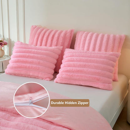 Fluffy Ribbed Faux Rabbit Fur Standard Pillow Cases Set of 2, Pink