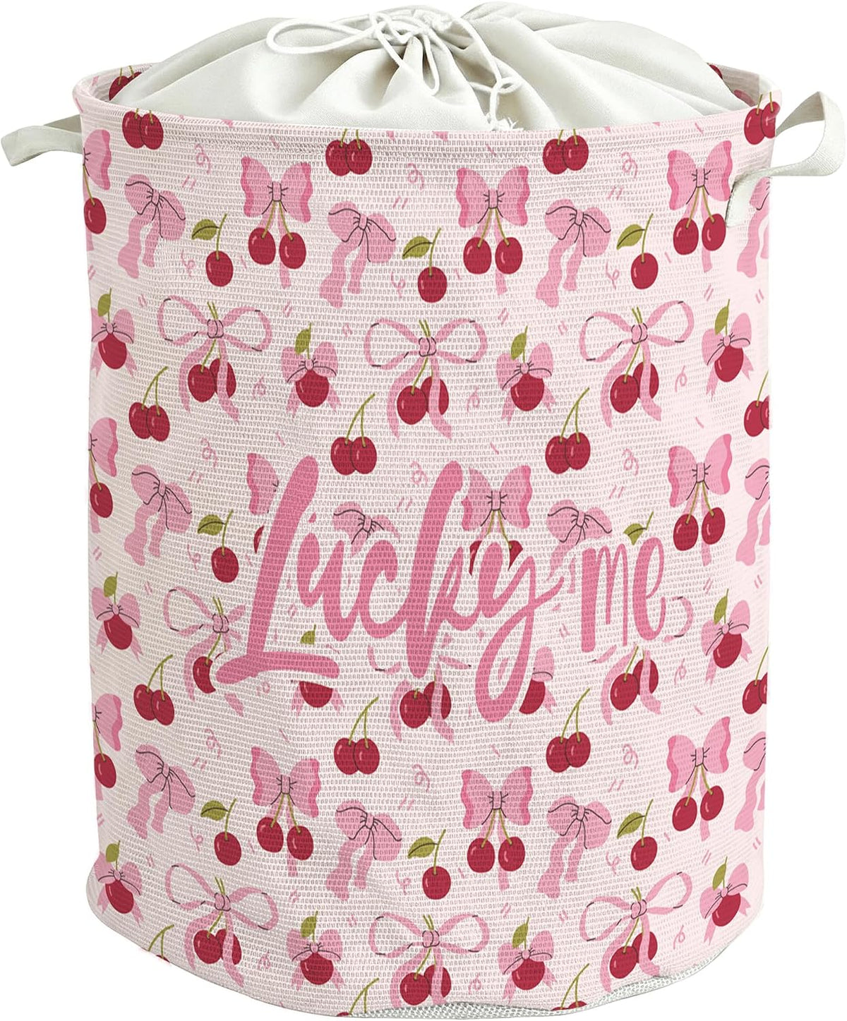 Coquette Pink Bow Cherry Laundry Basket, Preppy Girls Laundry Basket Hamper, Girly Aesthetic Cherry Waterproof Storage Bin Toy Box Organizer for Girls Bedroom Bathroom Clothes Toys