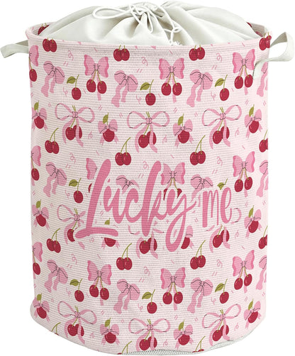 Coquette Pink Bow Cherry Laundry Basket, Preppy Girls Laundry Basket Hamper, Girly Aesthetic Cherry Waterproof Storage Bin Toy Box Organizer for Girls Bedroom Bathroom Clothes Toys