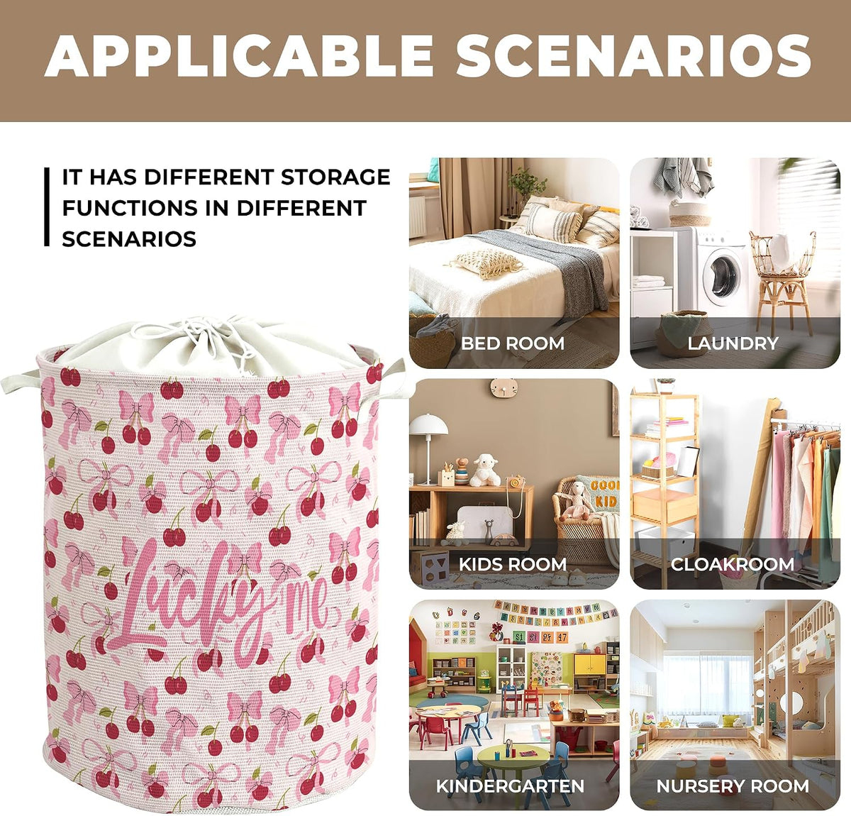 Coquette Pink Bow Cherry Laundry Basket, Preppy Girls Laundry Basket Hamper, Girly Aesthetic Cherry Waterproof Storage Bin Toy Box Organizer for Girls Bedroom Bathroom Clothes Toys