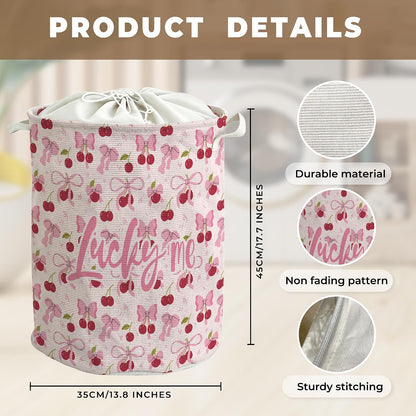 Coquette Pink Bow Cherry Laundry Basket, Preppy Girls Laundry Basket Hamper, Girly Aesthetic Cherry Waterproof Storage Bin Toy Box Organizer for Girls Bedroom Bathroom Clothes Toys