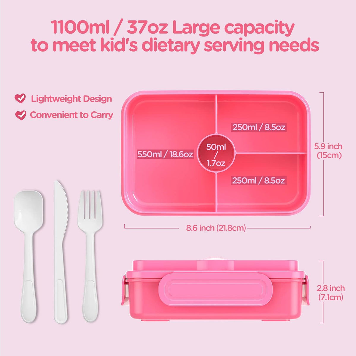 Jelife Kids Lunch Bento Box, Large Bento-Style Leakproof Lunch Boxes, Pink