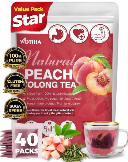 40 Count Premium White Peach Oolong Tea Bags - 100% Natural, Fresh Sweet Peach Flavor, Aromatic Oolong Taste, Caffeinated, Additive-Free, Sugar-Free, Vegan