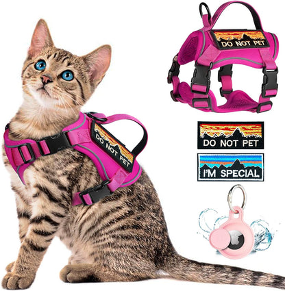 Tactical Cat Harness with Silicone AirTag Holder and 2 Patches, Adjustable Escape-Resistant Vest with Handle and MOLLE Panels for Large Cats, Harness Only, Pink, L