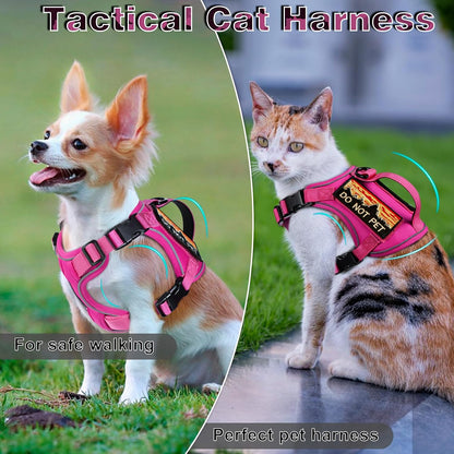 Tactical Cat Harness with Silicone AirTag Holder and 2 Patches, Adjustable Escape-Resistant Vest with Handle and MOLLE Panels for Large Cats, Harness Only, Pink, L