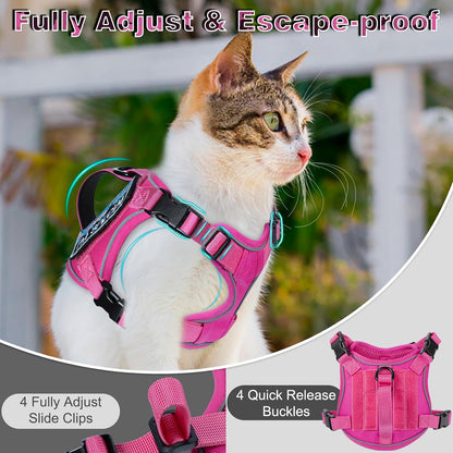 Tactical Cat Harness with Silicone AirTag Holder and 2 Patches, Adjustable Escape-Resistant Vest with Handle and MOLLE Panels for Large Cats, Harness Only, Pink, L