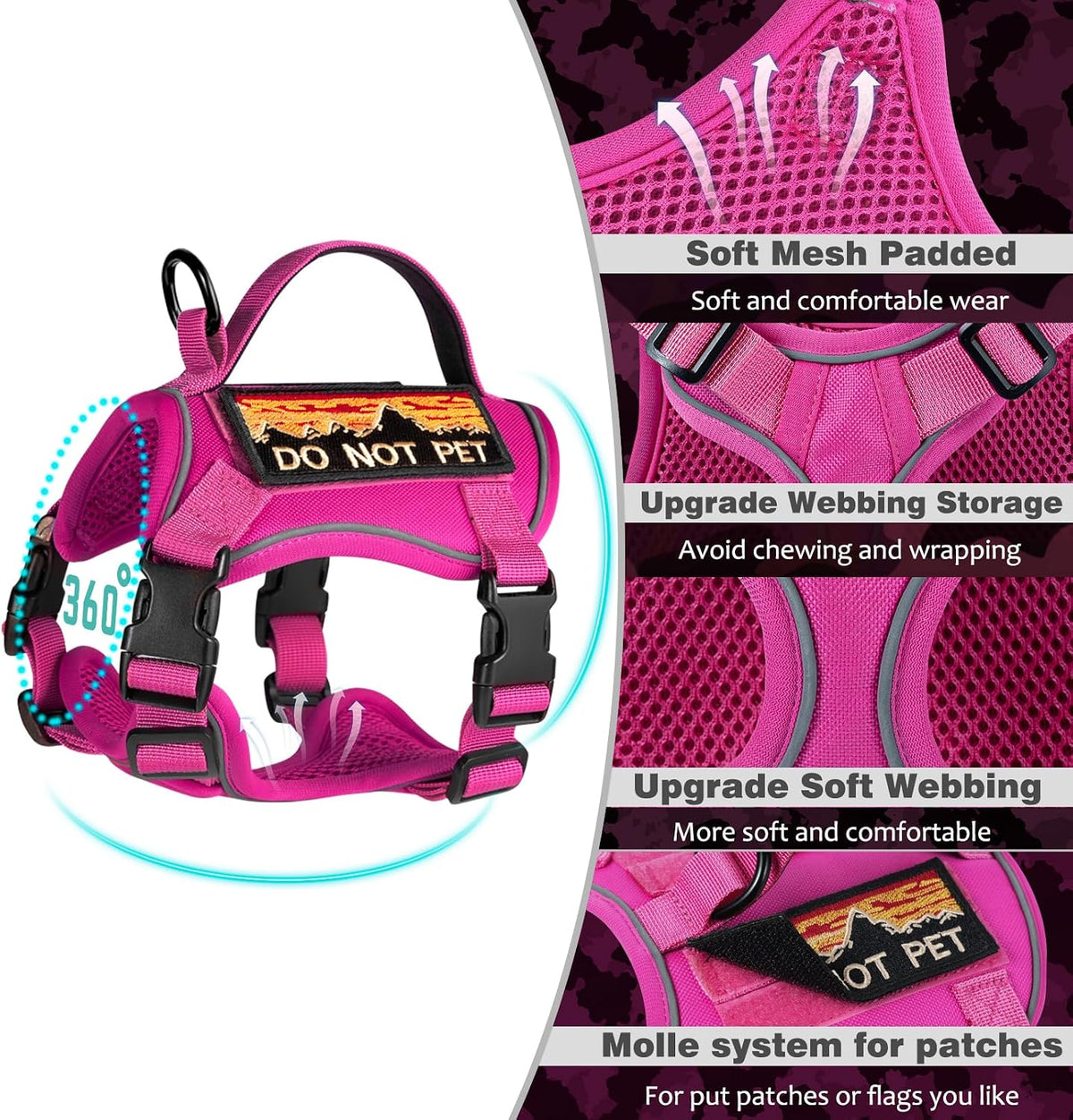 Tactical Cat Harness with Silicone AirTag Holder and 2 Patches, Adjustable Escape-Resistant Vest with Handle and MOLLE Panels for Large Cats, Harness Only, Pink, L