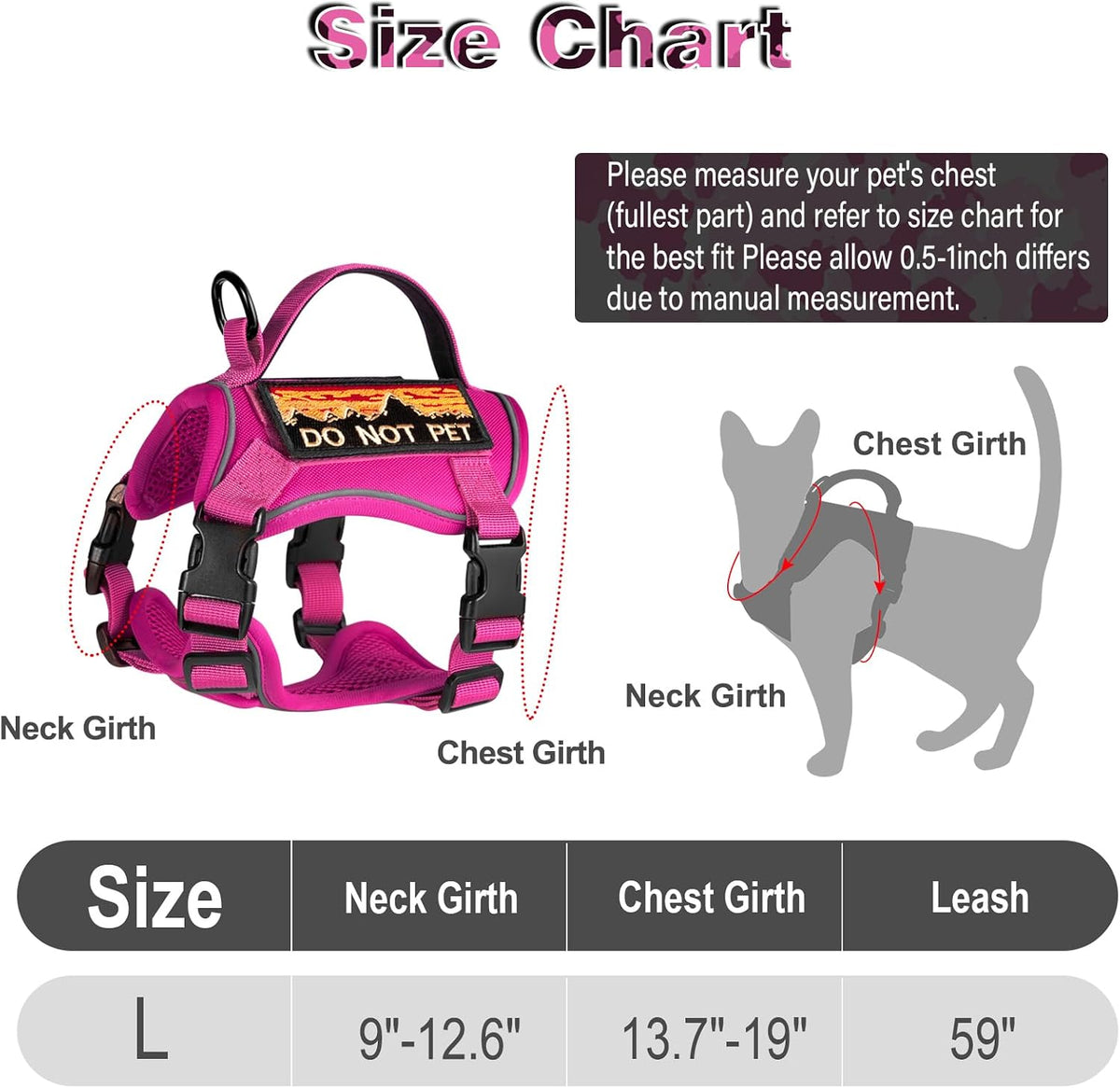 Tactical Cat Harness with Silicone AirTag Holder and 2 Patches, Adjustable Escape-Resistant Vest with Handle and MOLLE Panels for Large Cats, Harness Only, Pink, L