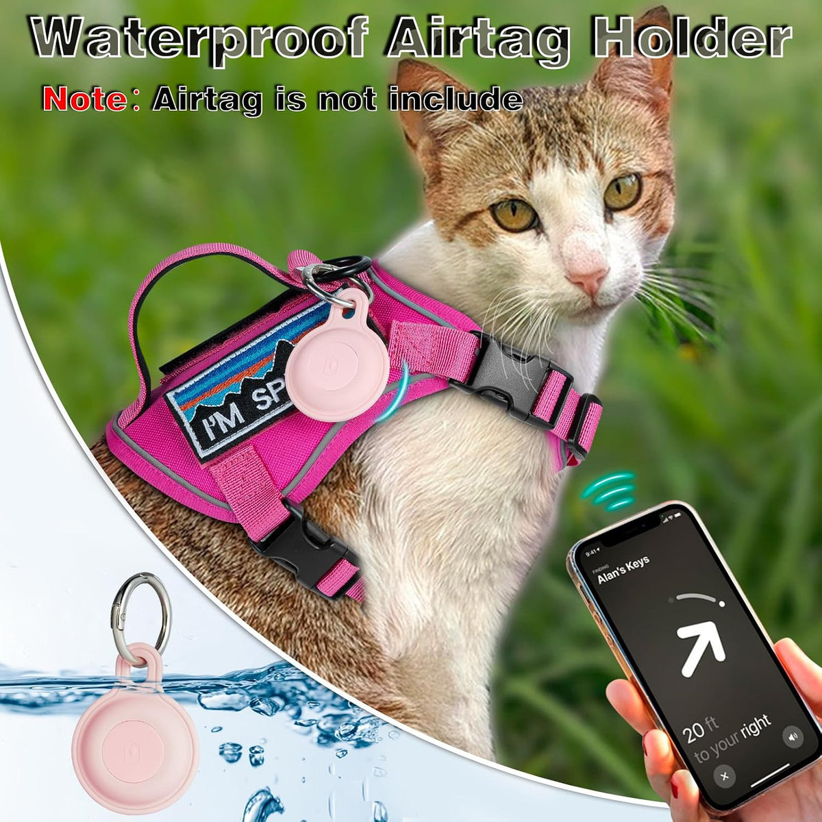 Tactical Cat Harness with Silicone AirTag Holder and 2 Patches, Adjustable Escape-Resistant Vest with Handle and MOLLE Panels for Large Cats, Harness Only, Pink, L