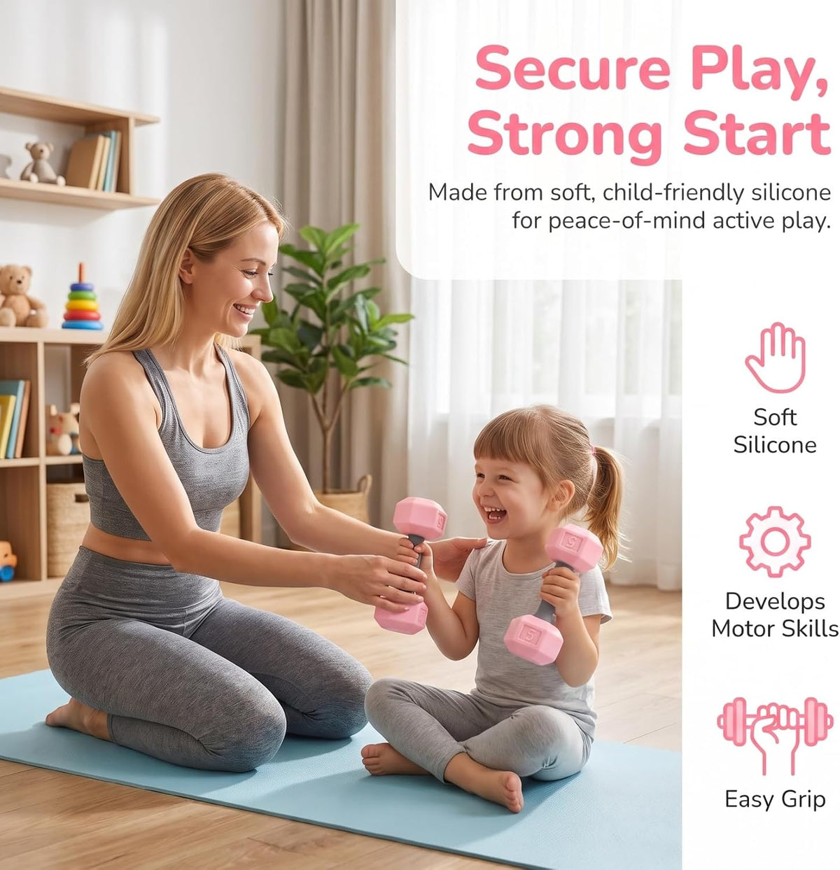 2pcs Mini Silicone Dumbbells for Kids Toddler Hand Weights Set Children Home Gym Exercise Kindergarten Workout Toys Pink