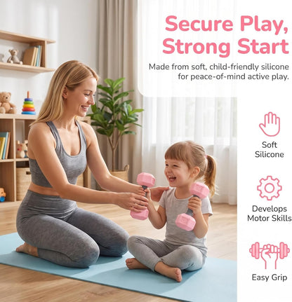 2pcs Mini Silicone Dumbbells for Kids Toddler Hand Weights Set Children Home Gym Exercise Kindergarten Workout Toys Pink