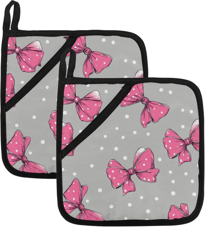 Heat Resistant Pot Holder Set, Pink Bows and White Polka Dots on Light Gray Background Hot Pads Potholder for Kitchen, Washable Oven Mitts for Cooking Baking Pans