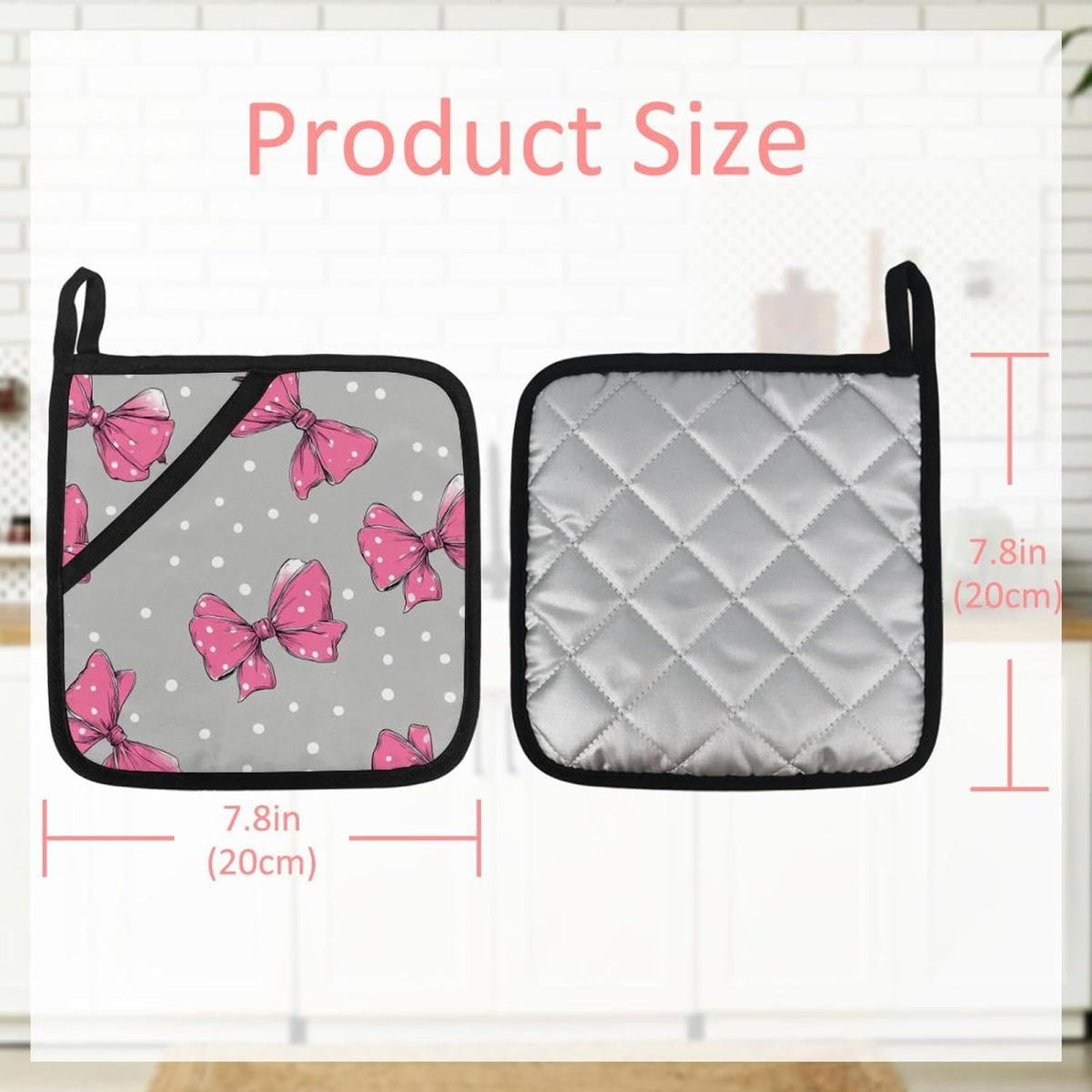 Heat Resistant Pot Holder Set, Pink Bows and White Polka Dots on Light Gray Background Hot Pads Potholder for Kitchen, Washable Oven Mitts for Cooking Baking Pans