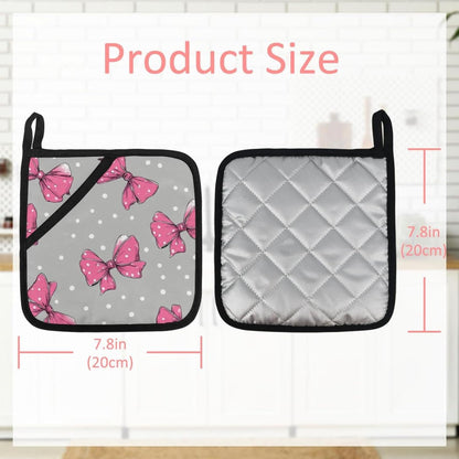 Heat Resistant Pot Holder Set, Pink Bows and White Polka Dots on Light Gray Background Hot Pads Potholder for Kitchen, Washable Oven Mitts for Cooking Baking Pans