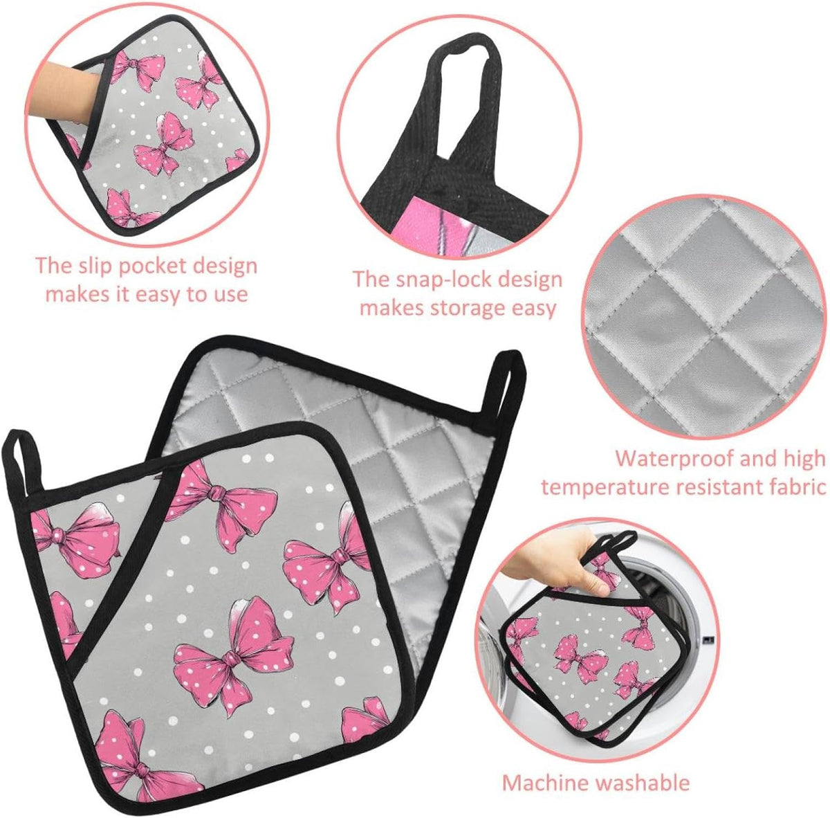 Heat Resistant Pot Holder Set, Pink Bows and White Polka Dots on Light Gray Background Hot Pads Potholder for Kitchen, Washable Oven Mitts for Cooking Baking Pans