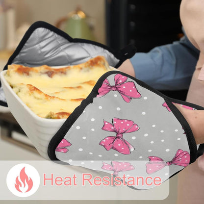 Heat Resistant Pot Holder Set, Pink Bows and White Polka Dots on Light Gray Background Hot Pads Potholder for Kitchen, Washable Oven Mitts for Cooking Baking Pans